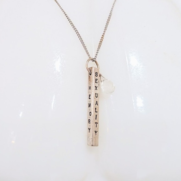 Sterling Silver & Quartz Rectangular Bar Inspirational Vertical Pendant Necklace - Picture 13 of 14